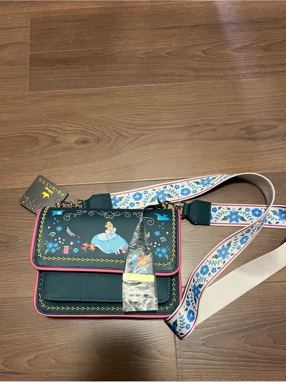 Loungefly Disney Cinderella Crossbody Bag with Pink Trim and Floral Strap